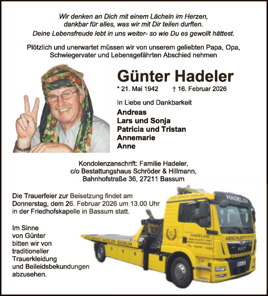 Traueranzeige von Günter Hadeler von SYKS