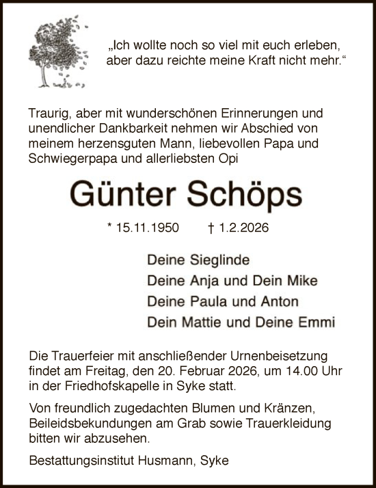 Traueranzeige von Günter Schöps von SYKS