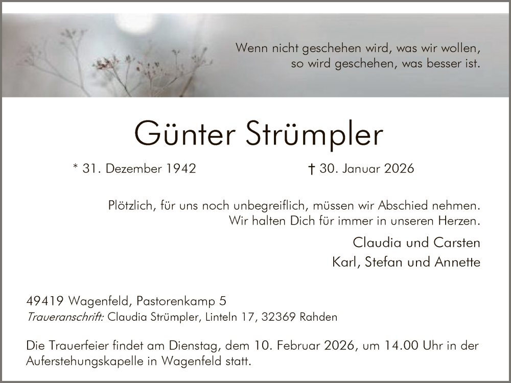  Traueranzeige für Günter Strümpler vom 05.02.2026 aus SYKS