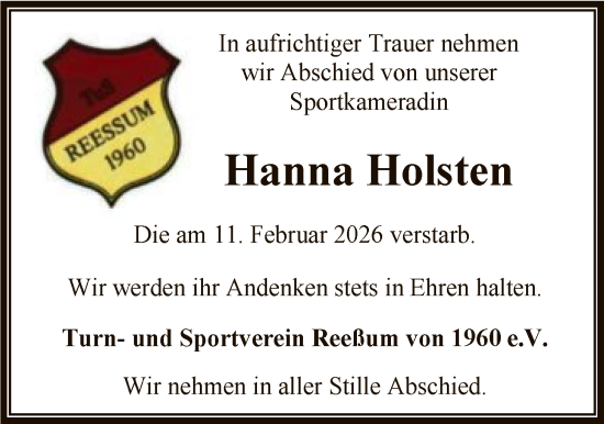 Traueranzeige von Hanna Holsten von SYKR