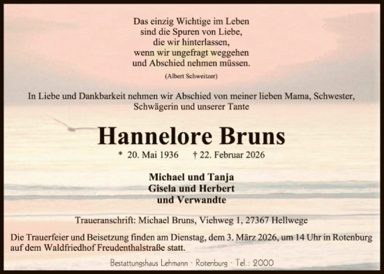 Traueranzeige von Hannelore Bruns von SYKR