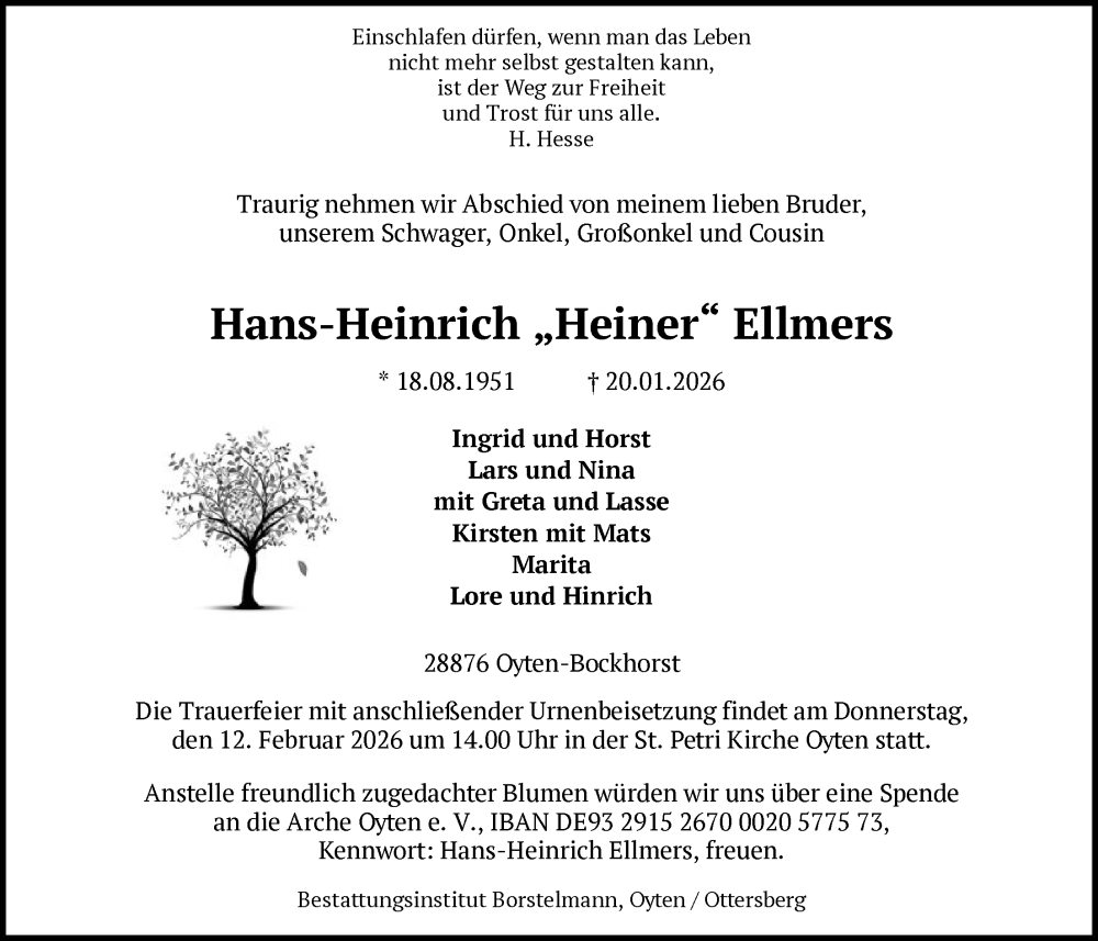  Traueranzeige für Hans-Heinrich Ellmers vom 07.02.2026 aus SYKS
