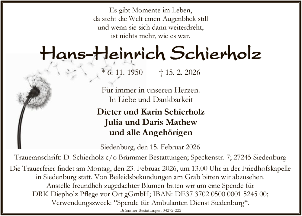  Traueranzeige für Hans-Heinrich Schierholz vom 18.02.2026 aus SYKS