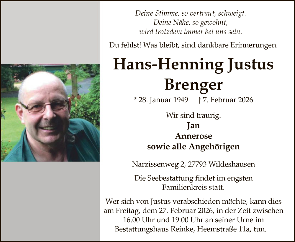  Traueranzeige für Hans-Henning Justus vom 14.02.2026 aus SYWZ