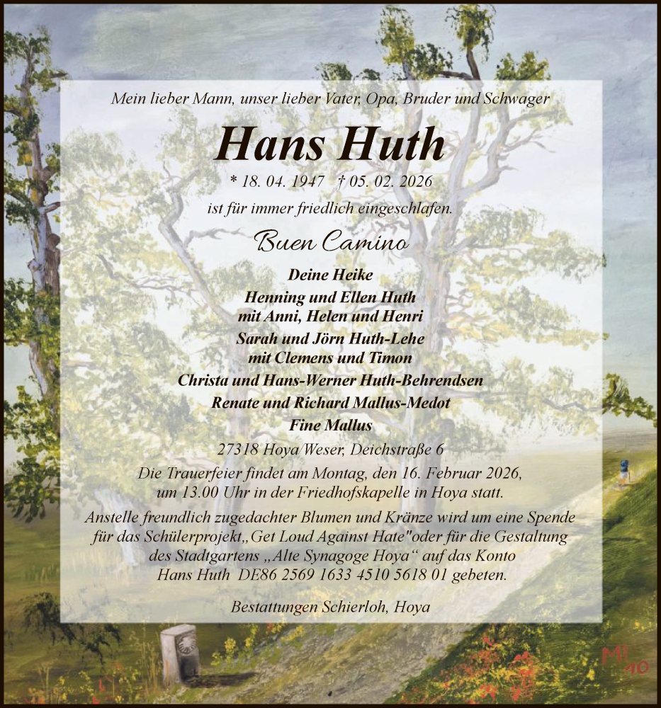  Traueranzeige für Hans Huth vom 11.02.2026 aus SYKS