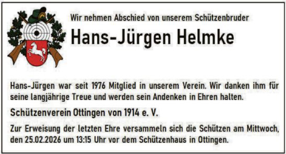  Traueranzeige für Hans-Jürgen Helmke vom 21.02.2026 aus SYKR
