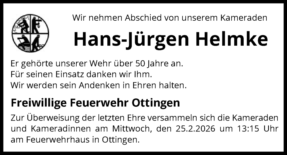  Traueranzeige für Hans-Jürgen Helmke vom 21.02.2026 aus SYKR