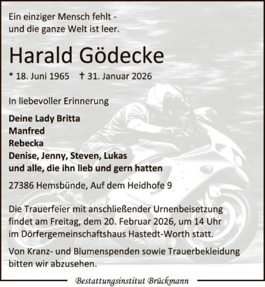  Traueranzeige für Harald Gödecke vom 07.02.2026 aus SYKR