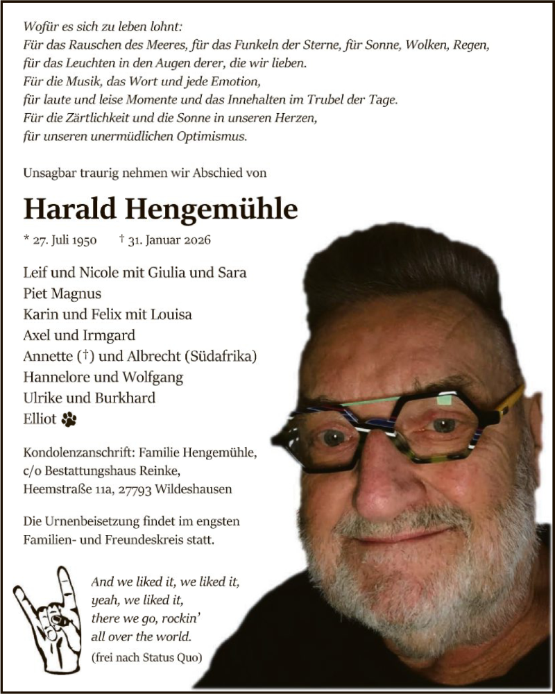  Traueranzeige für Harald Hengemühle vom 04.02.2026 aus SYWZ