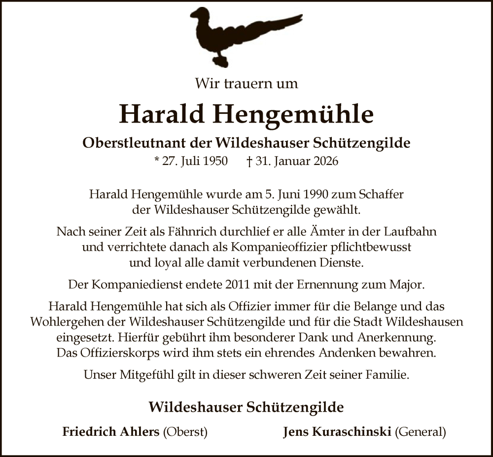  Traueranzeige für Harald Hengemühle vom 04.02.2026 aus SYWZ