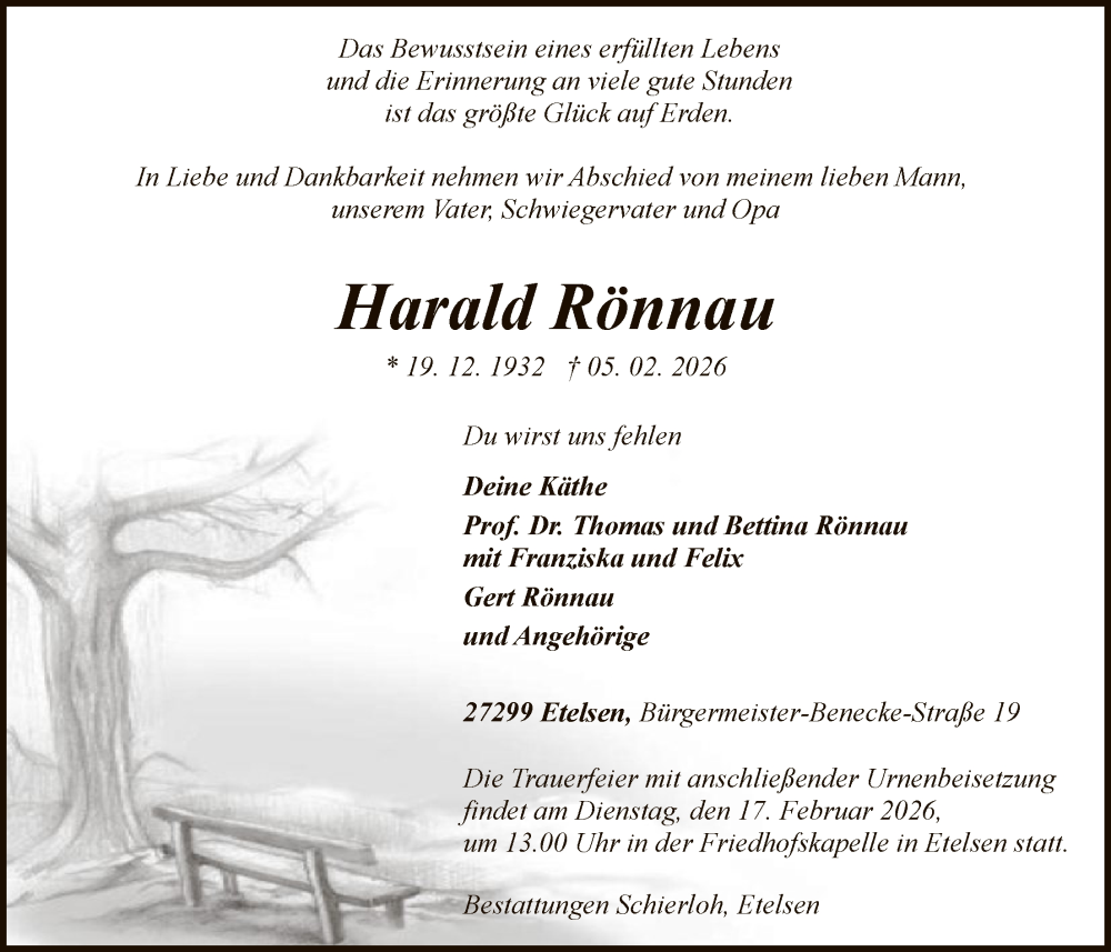  Traueranzeige für Harald Rönnau vom 11.02.2026 aus SYKS