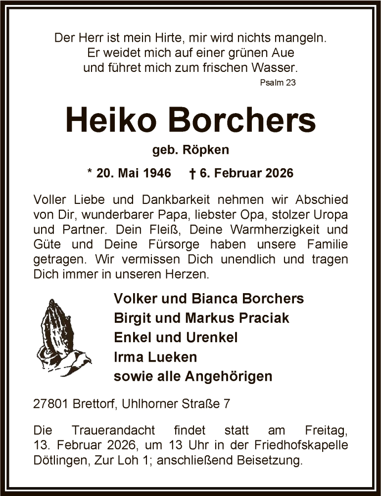  Traueranzeige für Heiko Borchers vom 10.02.2026 aus SYWZ
