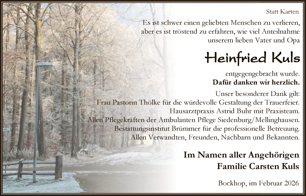  Traueranzeige für Heinfried Kuls vom 07.02.2026 aus SYKS