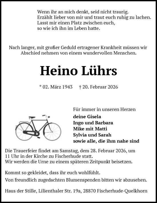 Traueranzeige von Heino Lührs von SYKS