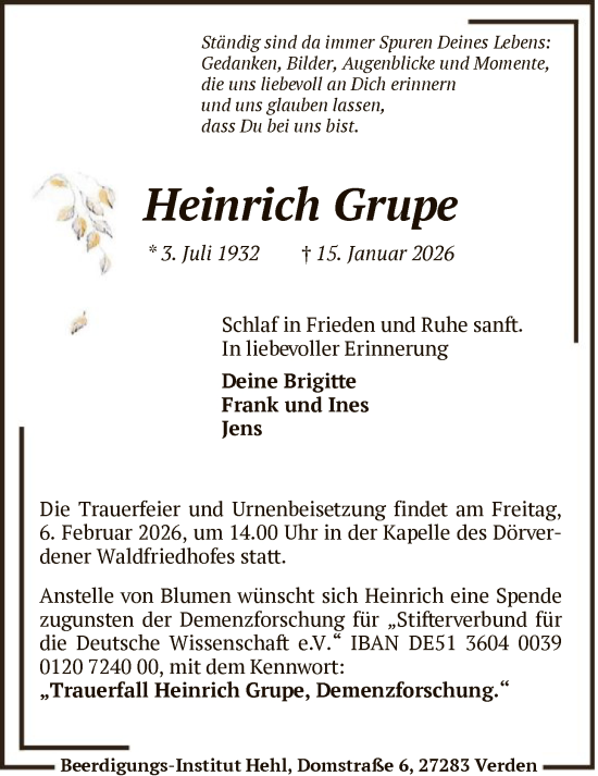 Traueranzeige von Heinrich Grupe von SYKS