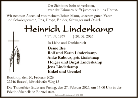 Traueranzeige von Heinrich Linderkamp von SYKS