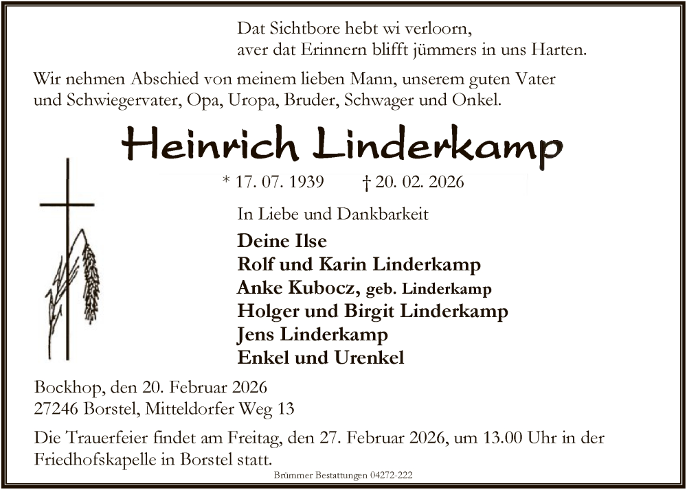 Traueranzeige für Heinrich Linderkamp vom 24.02.2026 aus SYKS