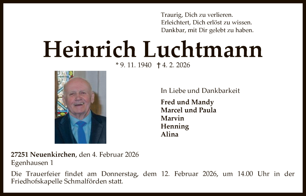 Traueranzeige für Heinrich Luchtmann vom 09.02.2026 aus SYKSSYKS