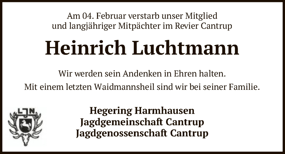  Traueranzeige für Heinrich Luchtmann vom 09.02.2026 aus SYKS