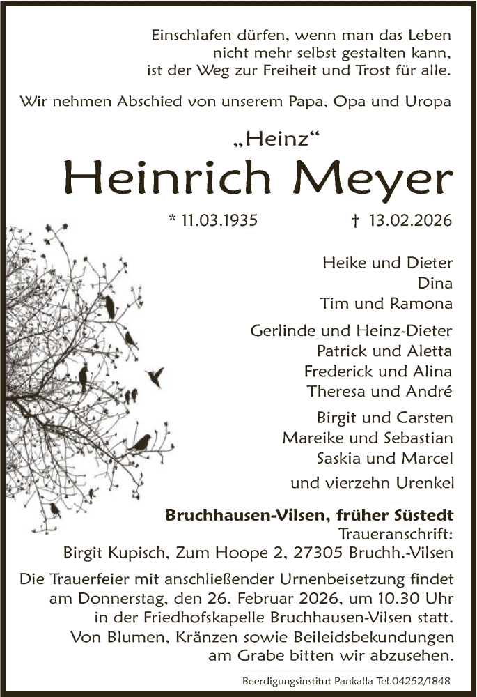  Traueranzeige für Heinrich Meyer vom 21.02.2026 aus SYKS