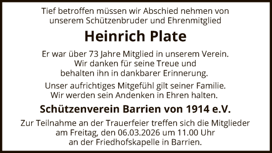 Traueranzeige von Heinrich Plate von SYKS