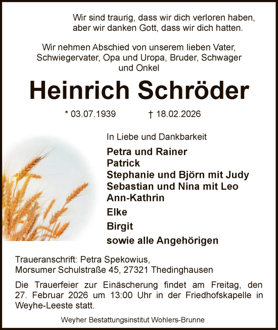 Traueranzeige von Heinrich Schröder von SYKSSYKS