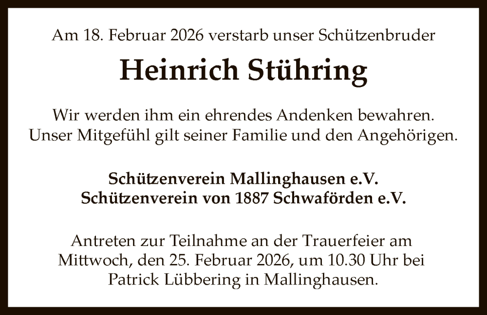  Traueranzeige für Heinrich Stühring vom 21.02.2026 aus SYKS