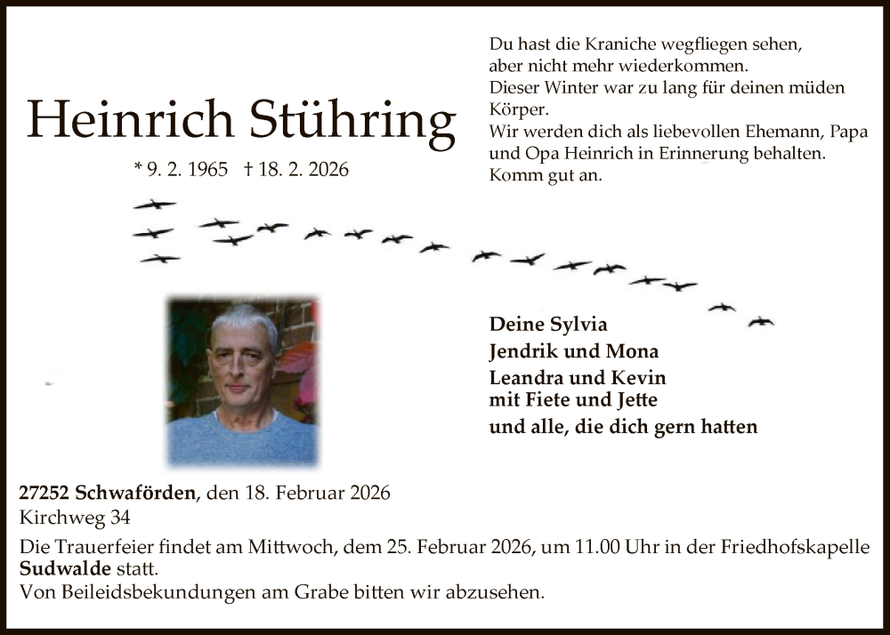  Traueranzeige für Heinrich Stühring vom 21.02.2026 aus SYKS