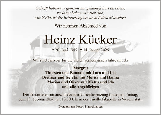 Traueranzeige von Heinz Kücker von SYKS