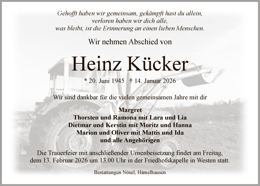  Traueranzeige für Heinz Kücker vom 07.02.2026 aus SYKS