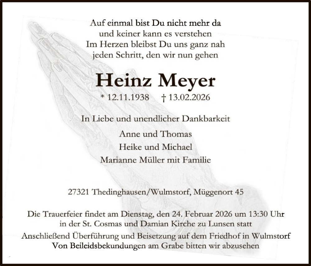  Traueranzeige für Heinz Meyer vom 21.02.2026 aus SYKSSYKS