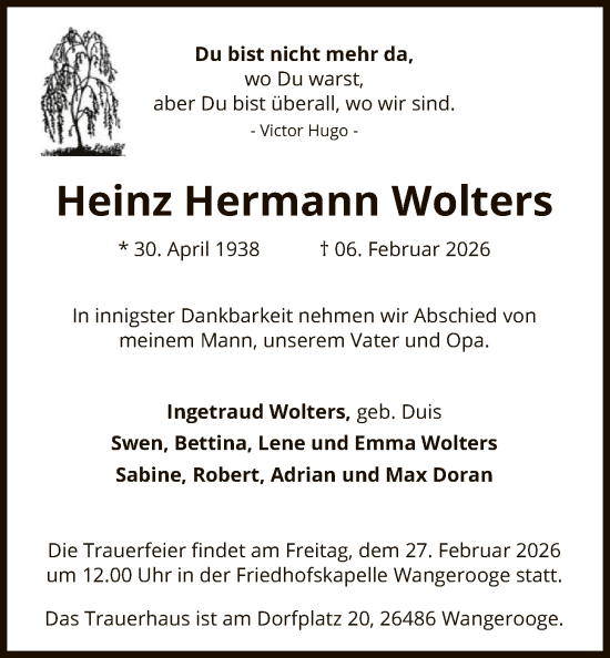Traueranzeige von Heinz Hermann Wolters von SYKS
