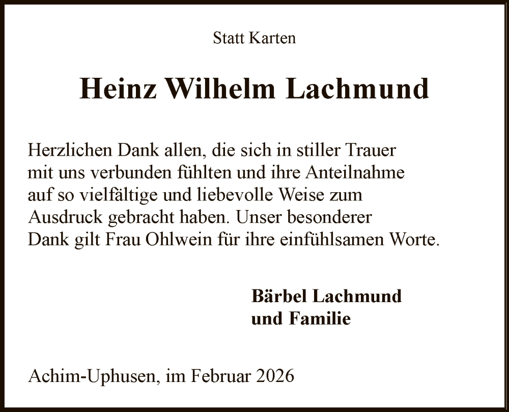  Traueranzeige für Heinz Wilhelm Lachmund vom 07.02.2026 aus SYKS