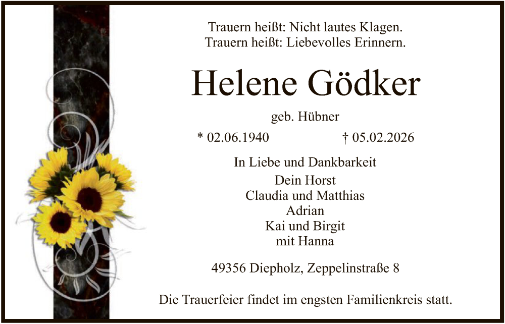  Traueranzeige für Helene Gödker vom 09.02.2026 aus SYKS
