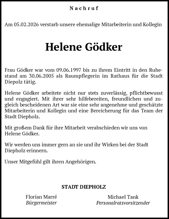 Traueranzeige von Helene Gödker von SYKS