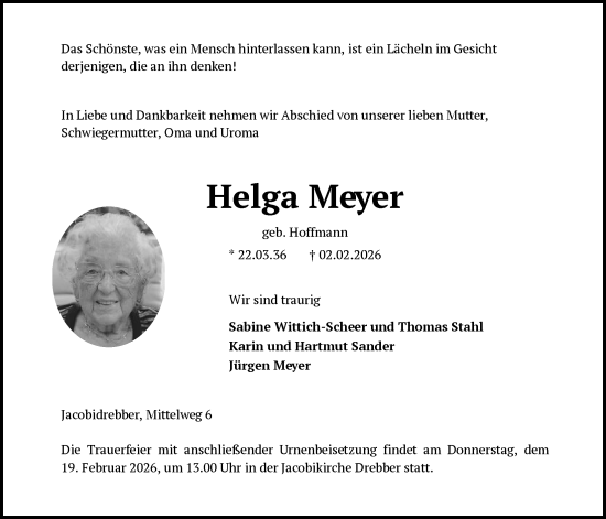 Traueranzeige von Helga Meyer von SYKS
