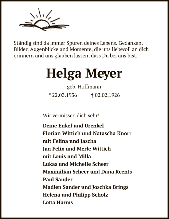 Traueranzeige von Helga Meyer von SYKS