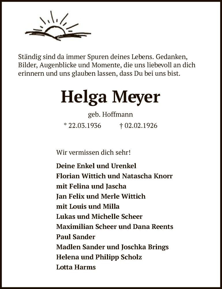  Traueranzeige für Helga Meyer vom 07.02.2026 aus SYKS