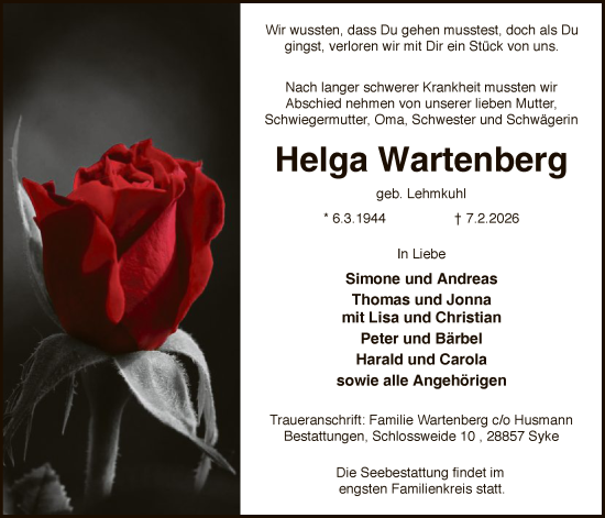 Traueranzeige von Helga Wartenberg von SYKS