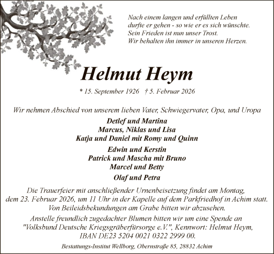 Traueranzeige von Helmut Heym von SYKS