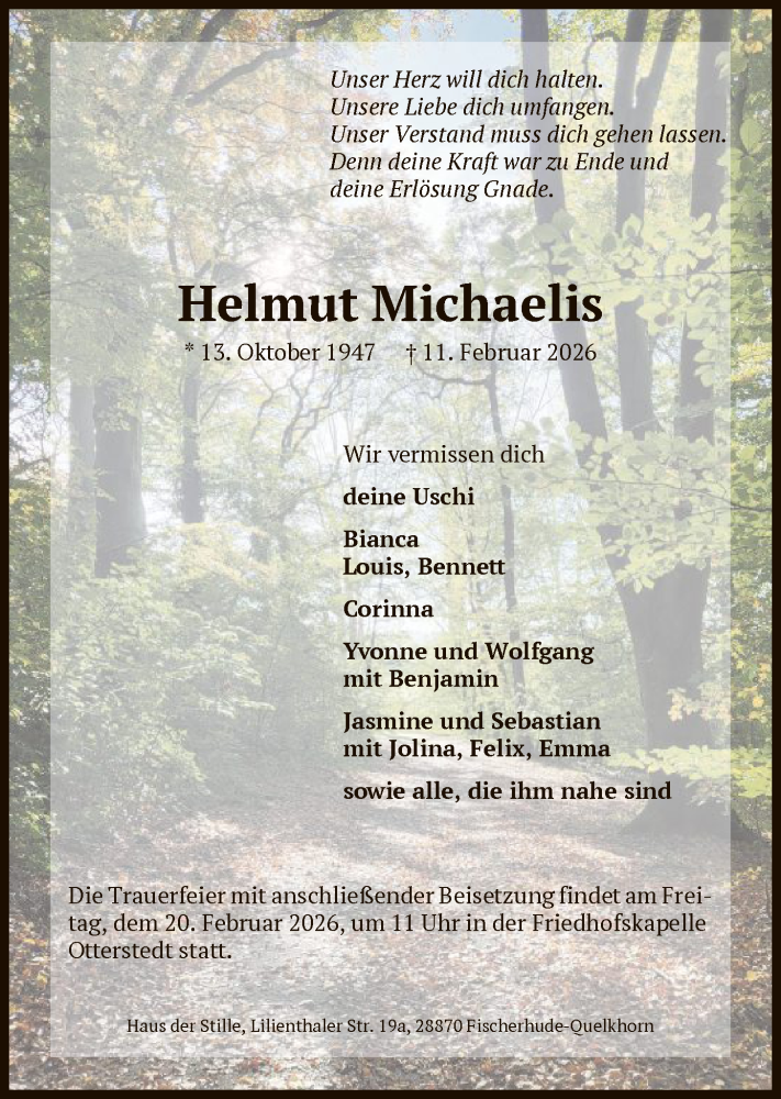  Traueranzeige für Helmut Michaelis vom 17.02.2026 aus SYKS