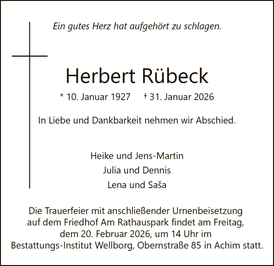 Traueranzeige von Herbert Rübeck von SYKS