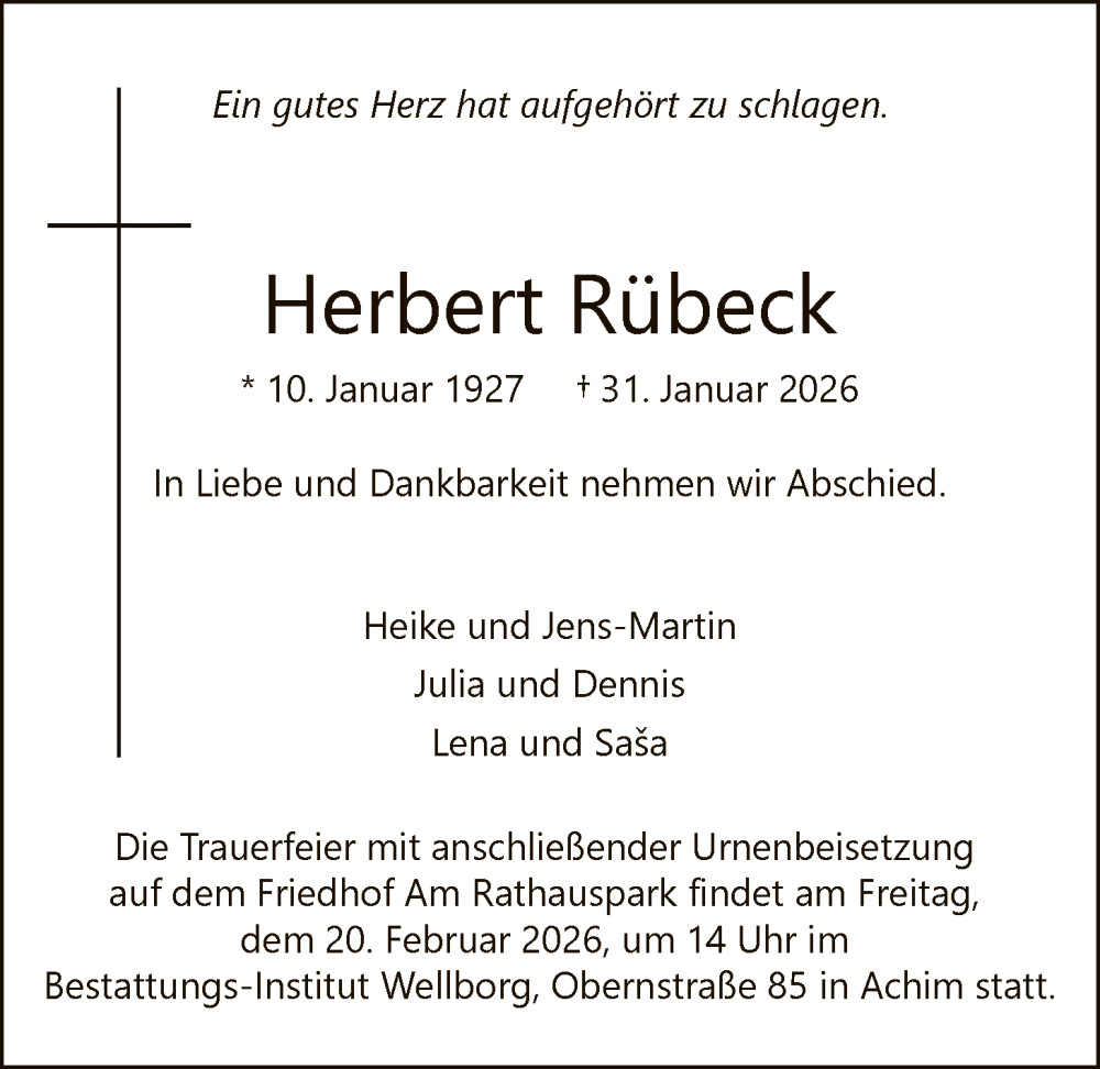  Traueranzeige für Herbert Rübeck vom 07.02.2026 aus SYKS
