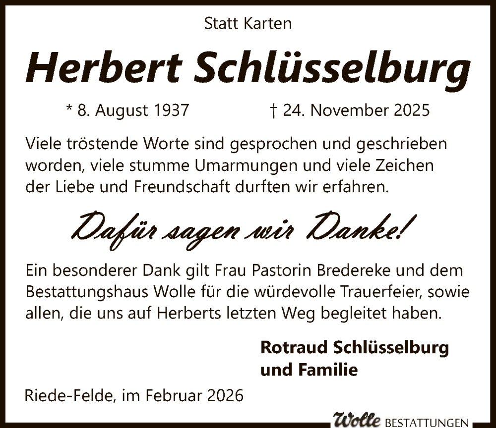  Traueranzeige für Herbert Schlüsselburg vom 14.02.2026 aus SYKS