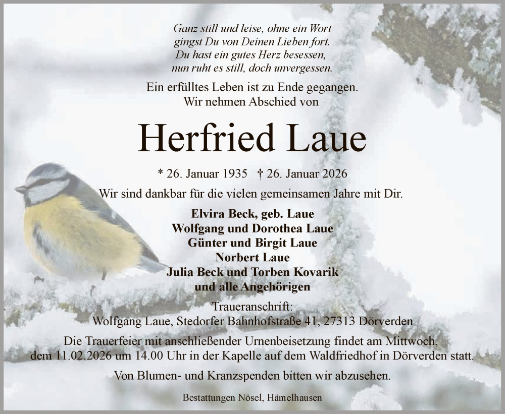  Traueranzeige für Herfried Laue vom 07.02.2026 aus SYKSSYKS