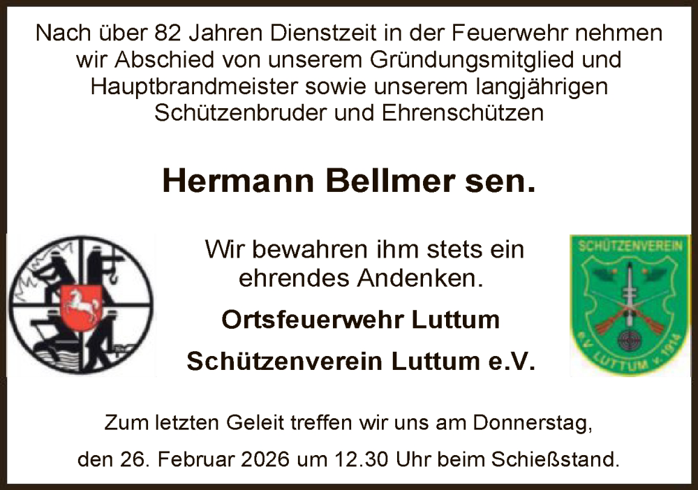  Traueranzeige für Hermann Bellmer vom 20.02.2026 aus SYKS