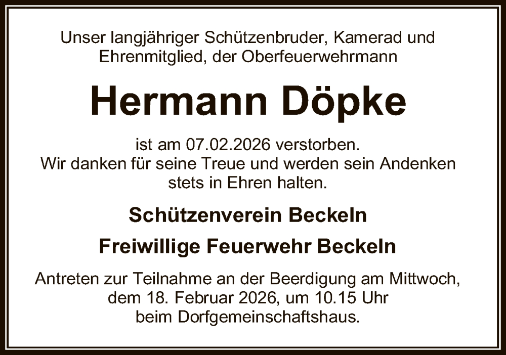  Traueranzeige für Hermann Döpke vom 11.02.2026 aus SYKSSYWZ