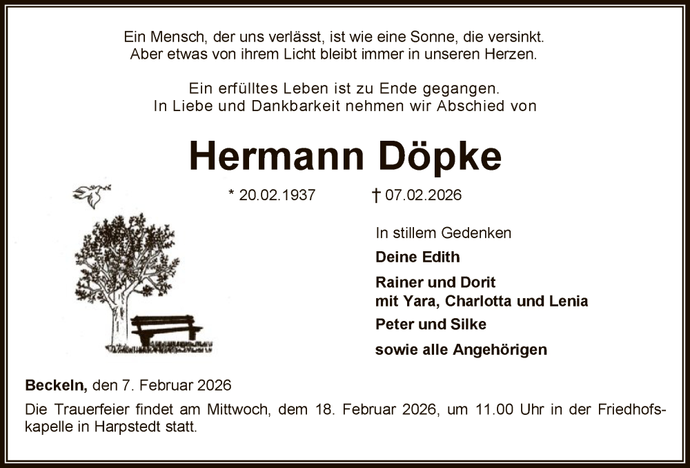  Traueranzeige für Hermann Döpke vom 11.02.2026 aus SYWZSYKS