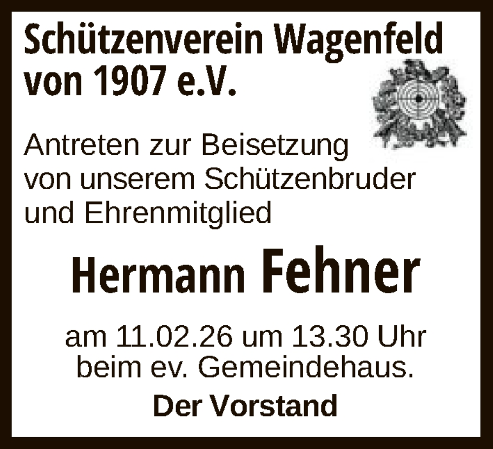  Traueranzeige für Hermann Fehner vom 07.02.2026 aus SYKS