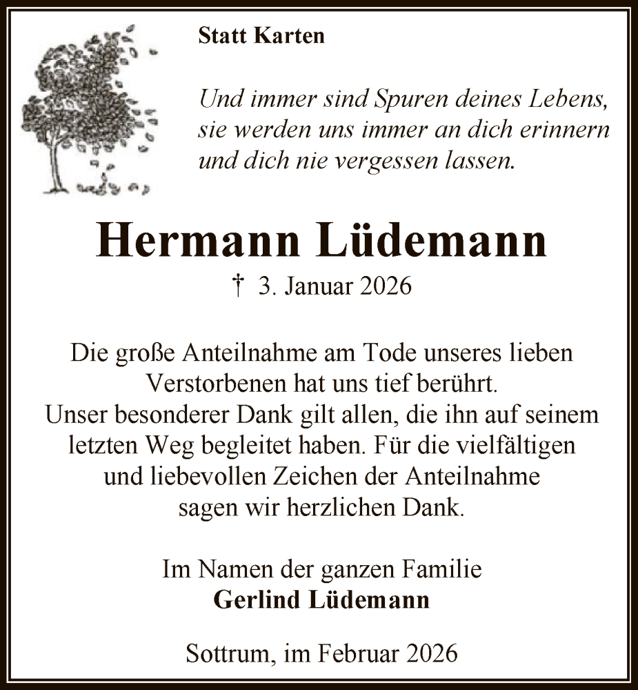  Traueranzeige für Hermann Lüdemann vom 14.02.2026 aus SYKR
